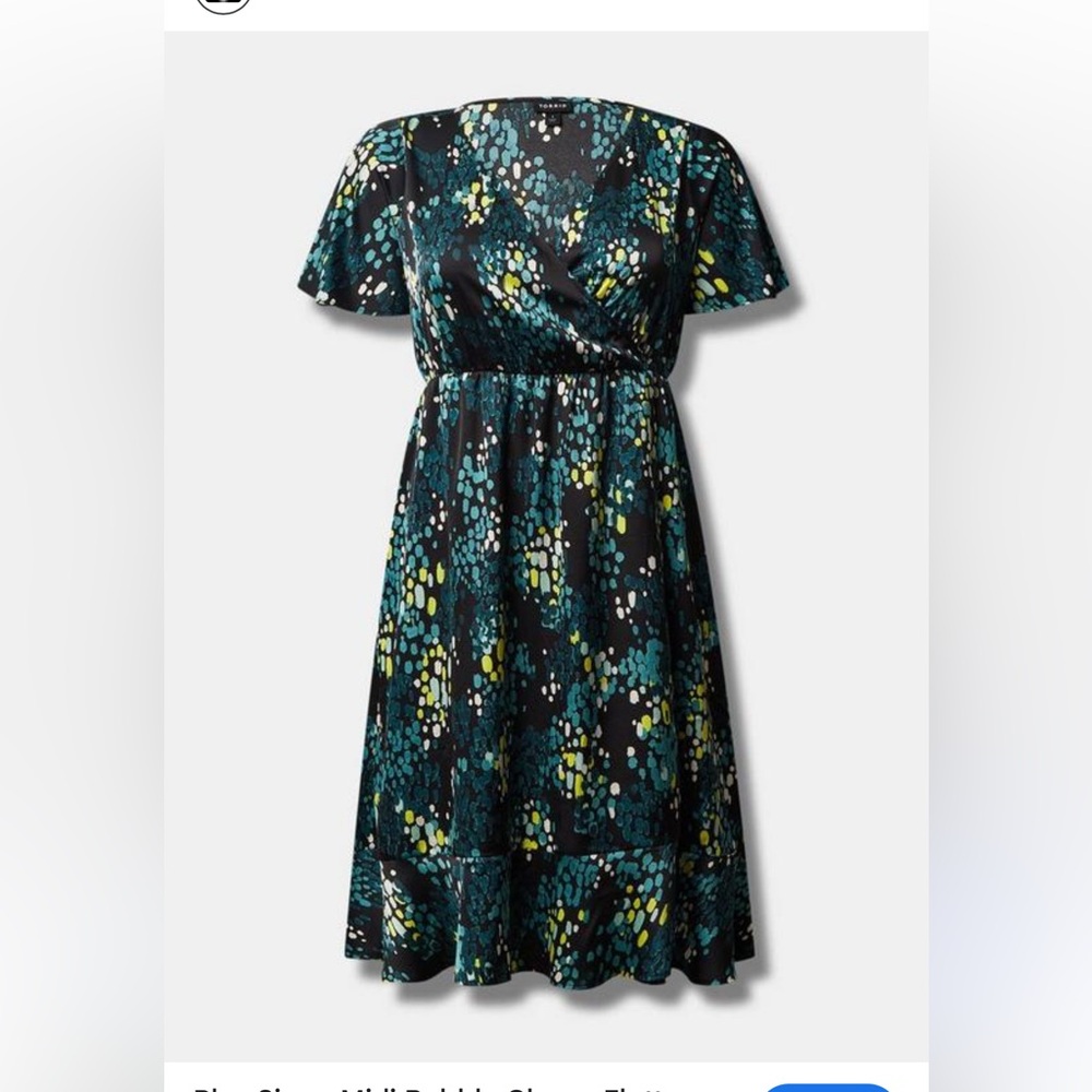 Torrid Midi Bubble Charm Flutter Sleeve Wrap Dress Black Green Plus Size 1